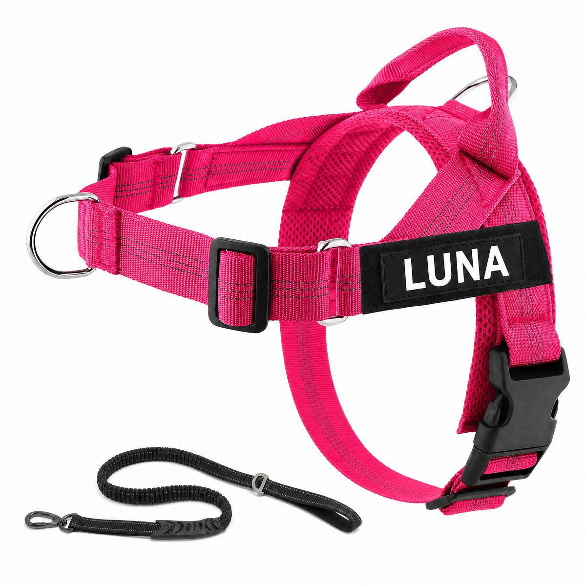 Harnais LOYA coloris Rose avec laisse bungee et patch personnalisable