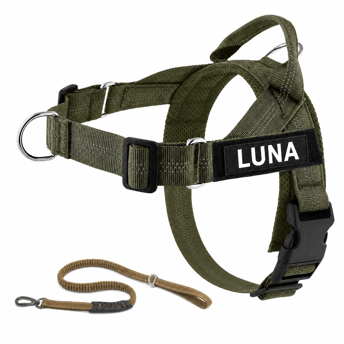 Harnais LOYA coloris Vert Kaki avec laisse bungee et patch personnalisable